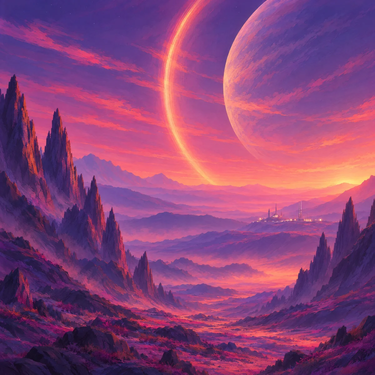 A ringed world rising over violet peaks