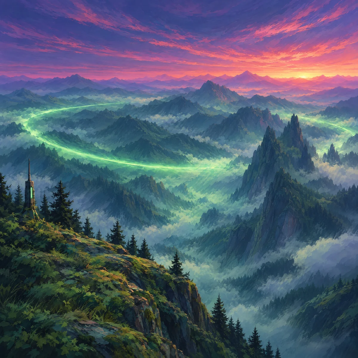 A green light trail curving through misty mountains at dusk