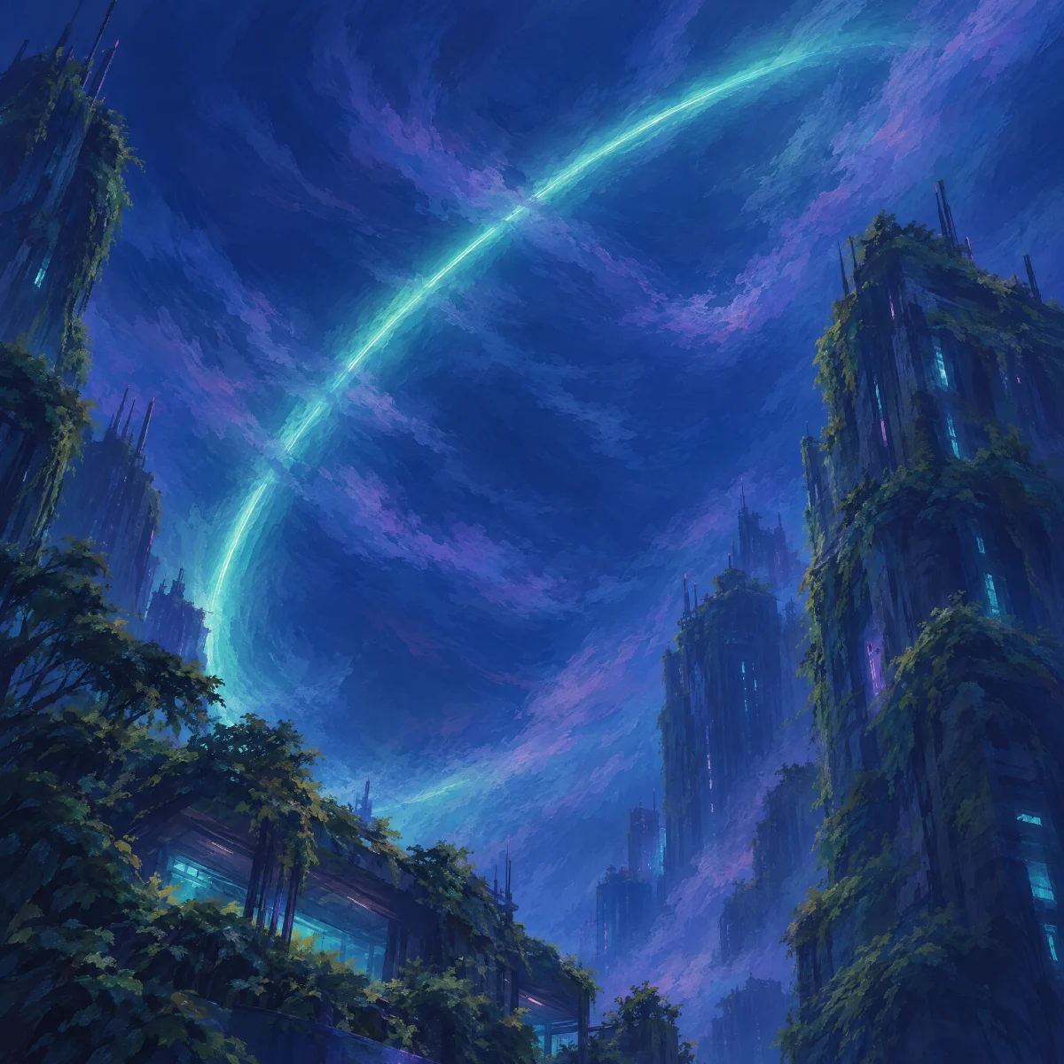 Overgrown towers under a teal arc in a night sky