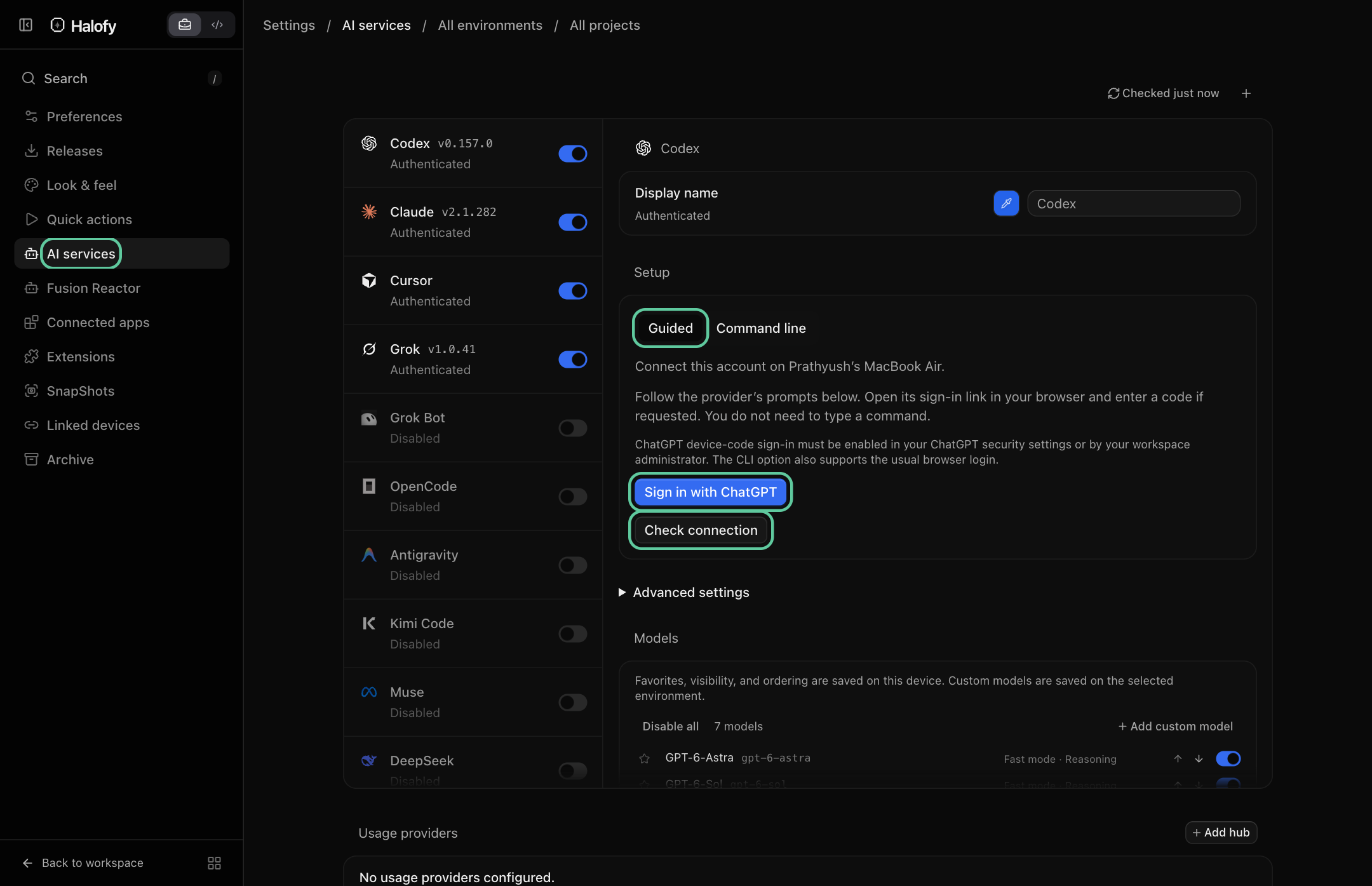 AI services settings with Guided, Sign in with ChatGPT and Check connection highlighted