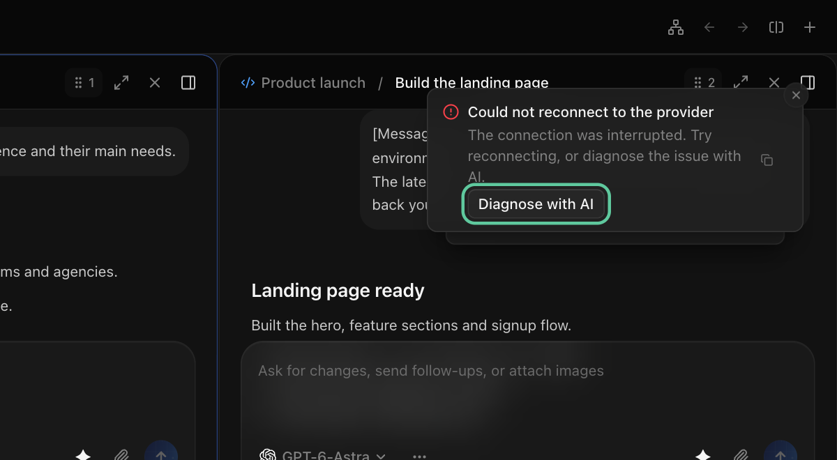 A Halofy error popup with Diagnose with AI highlighted
