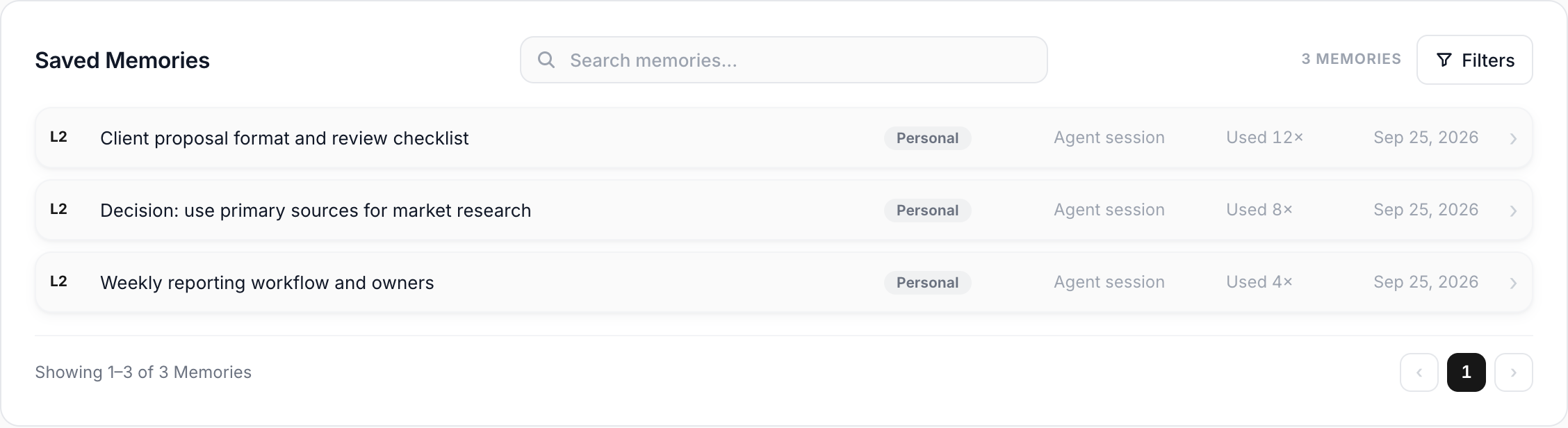 Saved memories with source and recall history
