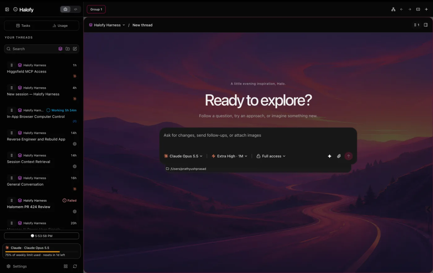 Halofy Workstation with its sidebar, session and composer.