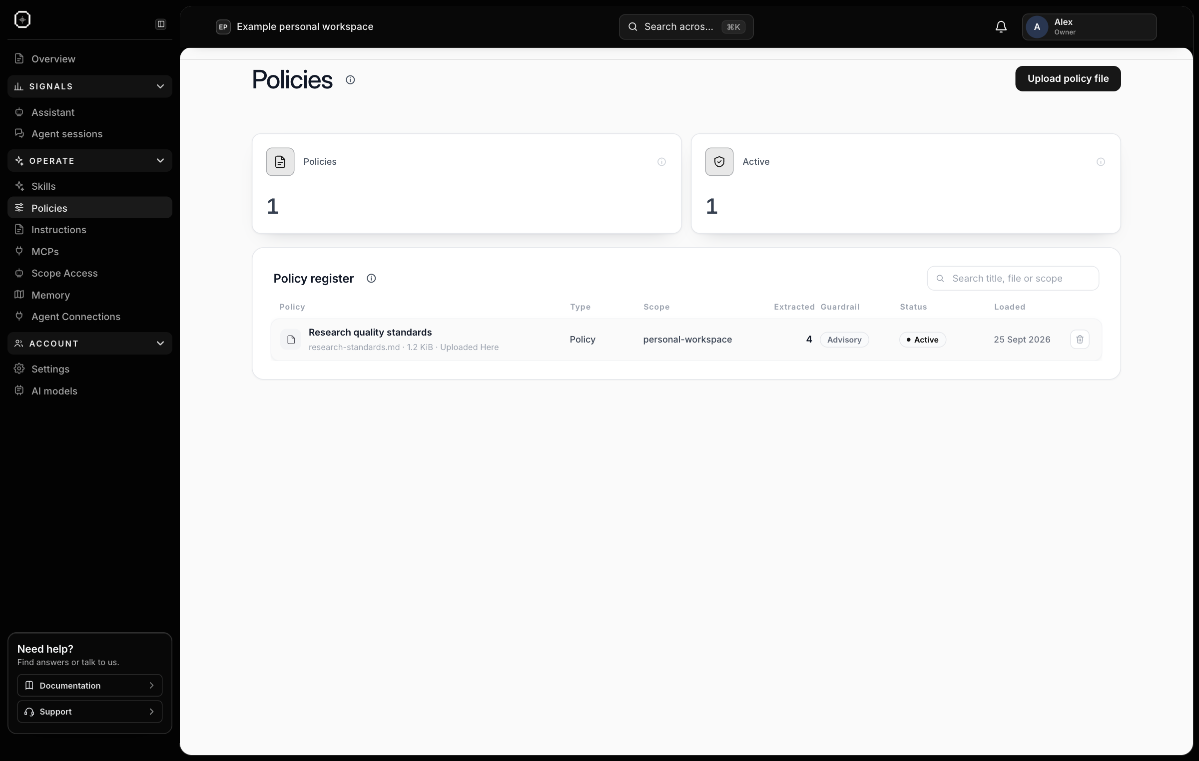 Policies: full Console view with the policy register